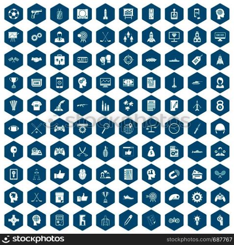 100 strategy icons set in sapphirine hexagon isolated vector illustration. 100 strategy icons sapphirine violet