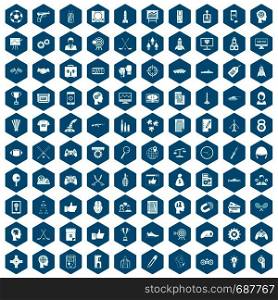 100 strategy icons set in sapphirine hexagon isolated vector illustration. 100 strategy icons sapphirine violet