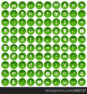 100 street festival icons set green circle isolated on white background vector illustration. 100 street festival icons set green circle