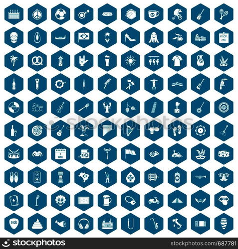 100 street festival icons set in sapphirine hexagon isolated vector illustration. 100 street festival icons sapphirine violet