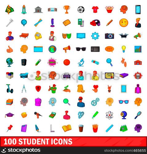 100 student icons set in cartoon style for any design illustration. 100 student icons set, cartoon style