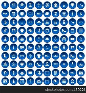 100 stylist icons set in blue circle isolated on white vector illustration. 100 stylist icons set blue
