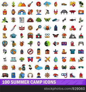 100 summer camp icons set. Cartoon illustration of 100 summer camp vector icons isolated on white background. 100 summer camp icons set, cartoon style
