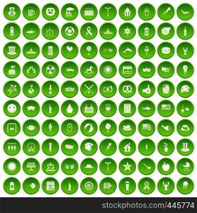100 summer holidays icons set green circle isolated on white background vector illustration. 100 summer holidays icons set green circle