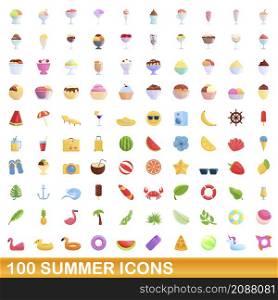 100 summer icons set. Cartoon illustration of 100 summer icons vector set isolated on white background. 100 summer icons set, cartoon style