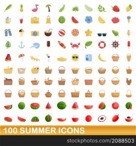 100 summer icons set. Cartoon illustration of 100 summer icons vector set isolated on white background. 100 summer icons set, cartoon style