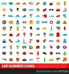 100 summer icons set in cartoon style for any design vector illustration. 100 summer icons set, cartoon style