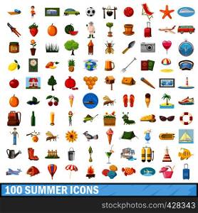 100 summer icons set in cartoon style for any design vector illustration. 100 summer icons set, cartoon style