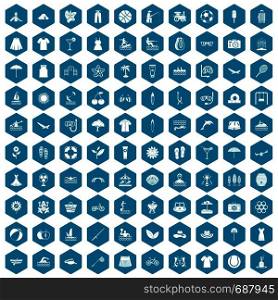 100 summer icons set in sapphirine hexagon isolated vector illustration. 100 summer icons sapphirine violet