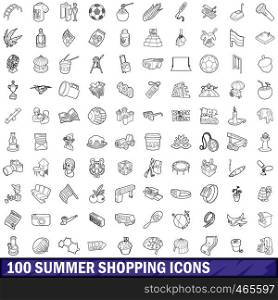 100 summer shopping icons set in outline style for any design vector illustration. 100 summer shopping icons set, outline style