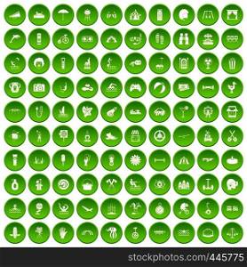 100 summer vacation icons set green circle isolated on white background vector illustration. 100 summer vacation icons set green circle