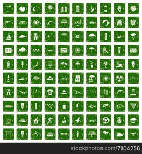 100 sun icons set in grunge style green color isolated on white background vector illustration. 100 sun icons set grunge green