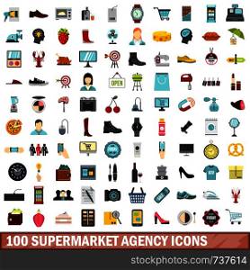 100 supermarket agency icons set in flat style for any design vector illustration. 100 supermarket agency icons set, flat style