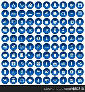 100 supermarket icons set in blue circle isolated on white vector illustration. 100 supermarket icons set blue