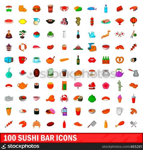 100 sushi bar icons set in cartoon style for any design illustration. 100 sushi bar icons set, cartoon style