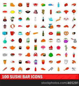 100 sushi bar icons set in cartoon style for any design illustration. 100 sushi bar icons set, cartoon style