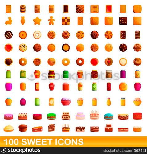 100 sweet icons set. Cartoon illustration of 100 sweet icons vector set isolated on white background. 100 sweet icons set, cartoon style