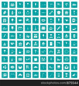 100 sweets icons set in grunge style blue color isolated on white background vector illustration. 100 sweets icons set grunge blue