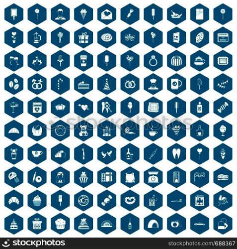 100 sweets icons set in sapphirine hexagon isolated vector illustration. 100 sweets icons sapphirine violet