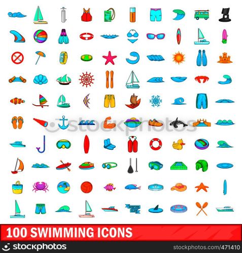 100 swimming icons set in cartoon style for any design illustration. 100 swimming icons set, cartoon style