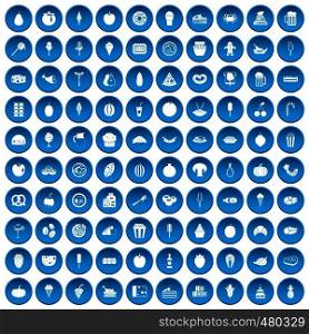 100 tasty food icons set in blue circle isolated on white vector illustration. 100 tasty food icons set blue