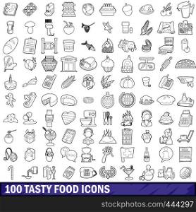 100 tasty food icons set in outline style for any design vector illustration. 100 tasty food icons set, outline style