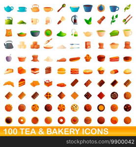 100 tea and bakery icons set. Cartoon illustration of 100 tea and bakery icons vector set isolated on white background. 100 tea and bakery icons set, cartoon style