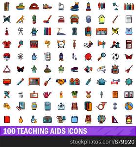100 teaching aids icons set. Cartoon illustration of 100 teaching aids vector icons isolated on white background. 100 teaching aids icons set, cartoon style