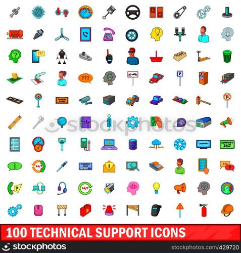 100 technical support icons set in cartoon style for any design vector illustration. 100 technical support icons set, cartoon style