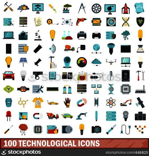 100 technological icons set in flat style for any design vector illustration. 100 technological icons set, flat style