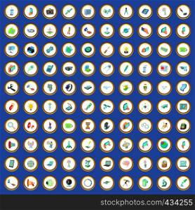 100 technology icons circle set on blue background cartoon style vector illustration. 100 technology icons set cartoon vector