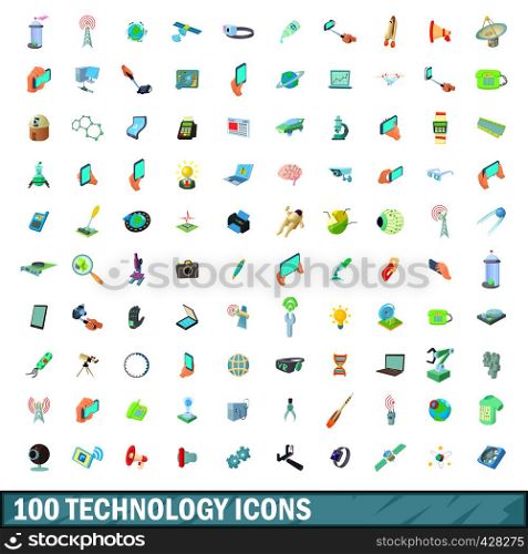 100 technology icons set in cartoon style for any design vector illustration. 100 technology icons set, cartoon style