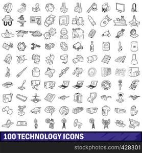100 technology icons set in outline style for any design vector illustration. 100 technology icons set, outline style