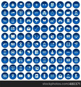 100 telephone icons set in blue circle isolated on white vector illustration. 100 telephone icons set blue