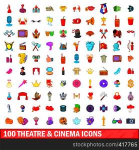 100 theatre and cinema icons set in cartoon style for any design vector illustration. 100 theatre and cinema icons set, cartoon style