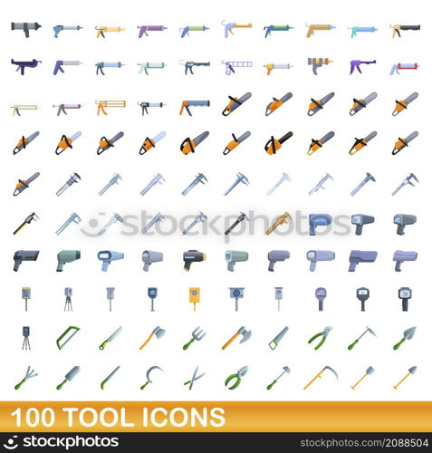 100 tool icons set. Cartoon illustration of 100 tool icons vector set isolated on white background. 100 tool icons set, cartoon style