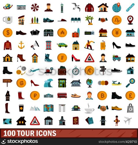 100 tour icons set in flat style for any design vector illustration. 100 tour icons set, flat style