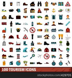100 tourism icons set in flat style for any design vector illustration. 100 tourism icons set, flat style