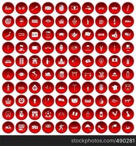 100 tourist attractions icons set in red circle isolated on white vector illustration. 100 tourist attractions icons set red