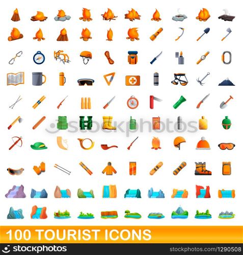 100 tourist icons set. Cartoon illustration of 100 tourist icons vector set isolated on white background. 100 tourist icons set, cartoon style