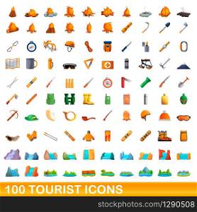 100 tourist icons set. Cartoon illustration of 100 tourist icons vector set isolated on white background. 100 tourist icons set, cartoon style