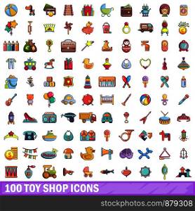 100 toy shop icons set. Cartoon illustration of 100 toy shop vector icons isolated on white background. 100 toy shop icons set, cartoon style