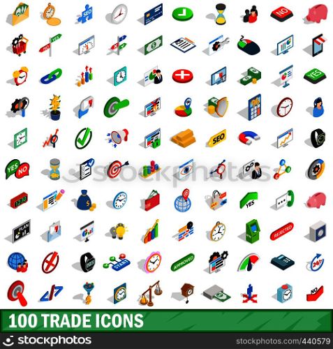 100 trade icons set in isometric 3d style for any design vector illustration. 100 trade icons set, isometric 3d style