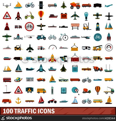 100 traffic icons set in flat style for any design vector illustration. 100 traffic icons set, flat style