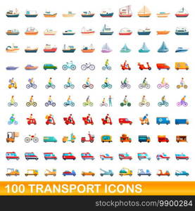 100 transport icons set. Cartoon illustration of 100 transport icons vector set isolated on white background. 100 transport icons set, cartoon style