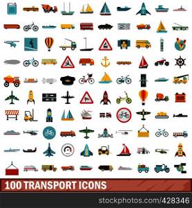100 transport icons set in flat style for any design vector illustration. 100 transport icons set, flat style