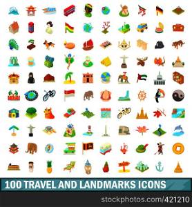100 travel and landmarks icons set in cartoon style for any design vector illustration. 100 travel and landmarks icons set, cartoon style
