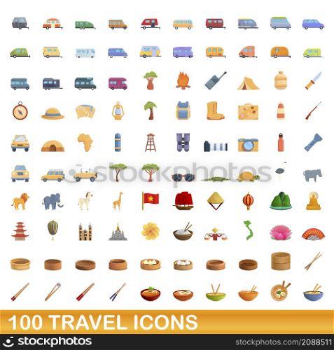 100 travel icons set. Cartoon illustration of 100 travel icons vector set isolated on white background. 100 travel icons set, cartoon style