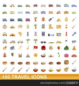 100 travel icons set. Cartoon illustration of 100 travel icons vector set isolated on white background. 100 travel icons set, cartoon style