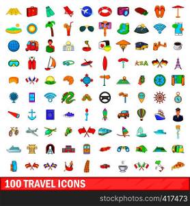 100 travel icons set in cartoon style for any design vector illustration. 100 travel icons set, cartoon style